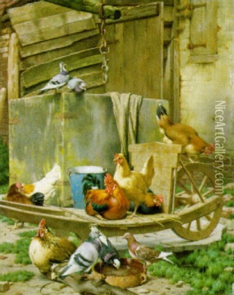 Kippen En Duiven Op Het Erf Oil Painting - Edouard Quitton