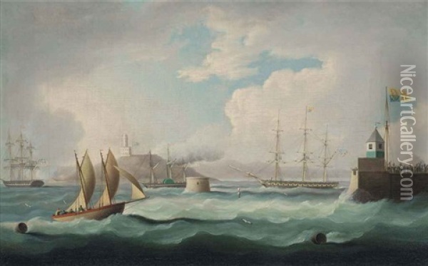 The Arrival Of H.m. King George Iv In The Firth Of Forth, On 14th August, Aboard H.m.y. Royal George, Accompanied By The Royal Flotilla, For The First Visit Of A Reigning Monarch To Scotland Since 1650 Oil Painting - Thomas Buttersworth