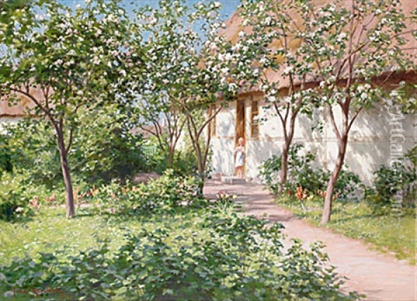 Flicka I Blommande Tradgard Oil Painting - Johan Fredrik Krouthen