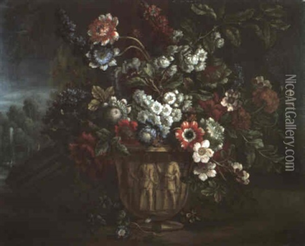 A Still Life Of Paeonies, Hyacinths, Roses And Other Flowers In A Terracotta Vase, A Fountain In A Landscape Beyond Oil Painting - Pieter Casteels III