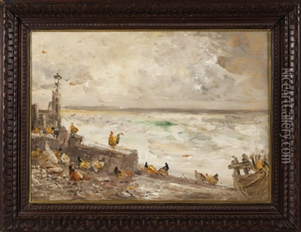 Marina Di Bordighera Con Galline Oil Painting - Pompeo Mariani