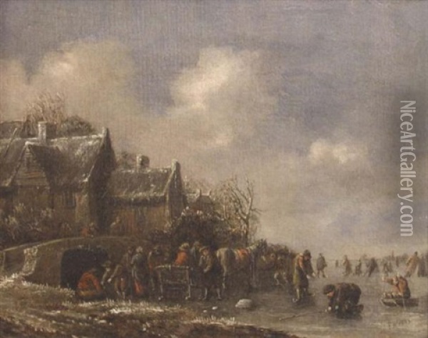 Winter Landscape With Skaters And A Horsedrawn Sleigh On The Ice Oil Painting - Thomas Heeremans