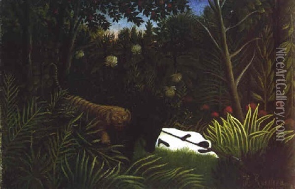 Cavalier Arabe Dans La Jungle Desarconne Par Un Tigre Oil Painting - Henri Rousseau