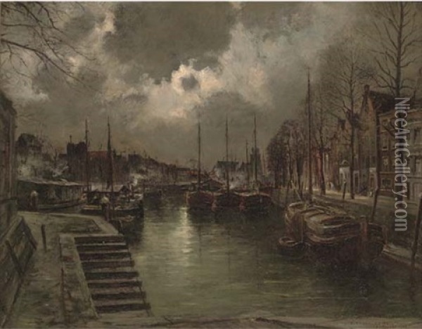 Dordrecht By Moonlight Oil Painting - Pierre (Desire Eugene) Franc Lamy