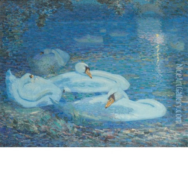 White Swans, Central Park New York City Oil Painting - Albert Scott Cox