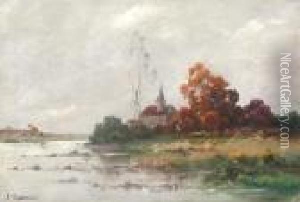 Village Au Bord De L'eau Oil Painting - Pierre Eugene Montezin