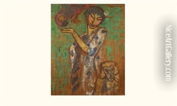 Femme Au Singe Et Au Perroquet Oil Painting - Alexis Merodack-Jeaneau