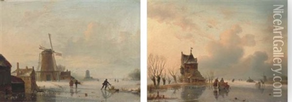 Skaters On A Dutch Waterway By A Windmill (+ Skaters By A Riverside Cottage; Pair) Oil Painting - Jacobus Freudenberg