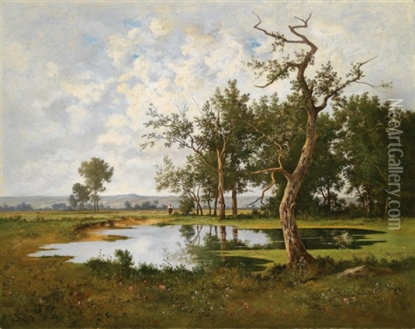 Weiher Am Waldesrand Mit Figurlicher Staffage Oil Painting - Leon Richet