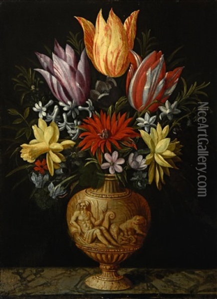 Flowers In A Vase On A Marble Plinth Oil Painting - Hendrik van der Borcht the Elder