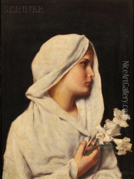 Profile Of A Young Woman, Draped In White, Holding A Lily Oil Painting - Alfred Seifert
