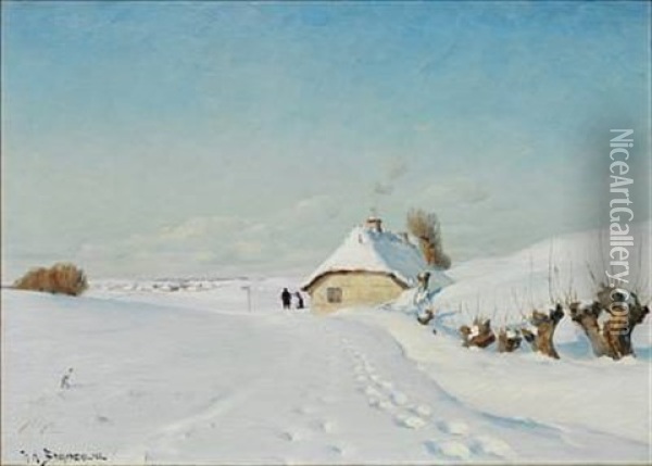 Quiet Winter Day With A Cottage In The Snow Oil Painting - Hans Andersen Brendekilde