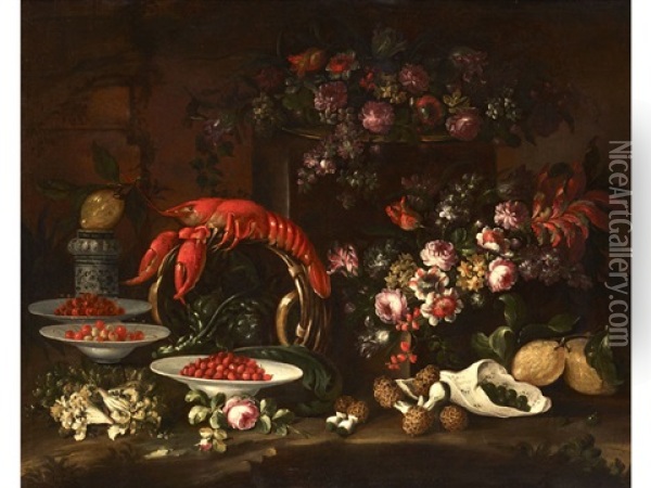 Grosses Stillleben Mit Hummer, Erdbeeren, Blumen Und Morcheln Oil Painting - Felice Boselli
