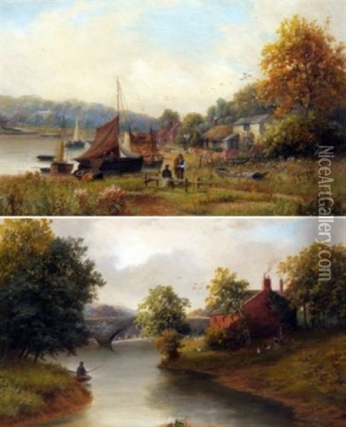 River Landscapes With Fishermen, Boats And Cottages (pair) Oil Painting - Frank Rawlings Offer