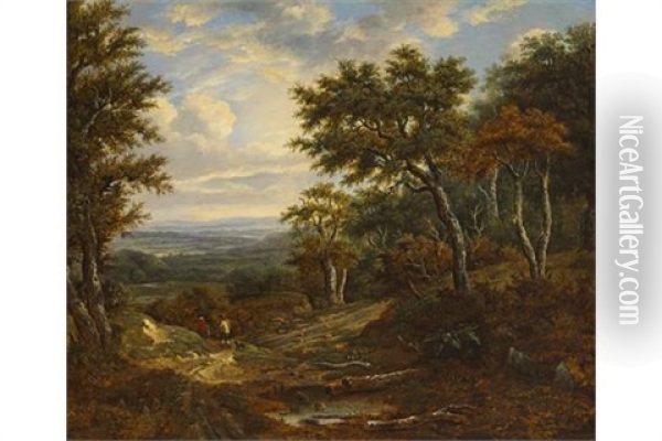 Extensive Landscape With Figures And Dog On A Path At The Edge Of A Wood Oil Painting - Patrick Nasmyth