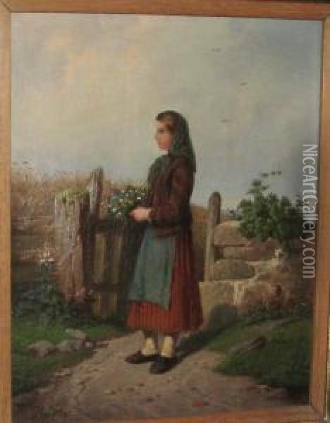 Madchen Mit Blumenstraus Vor Getreidefeld Oil Painting - Friedrich Moritz Wendler