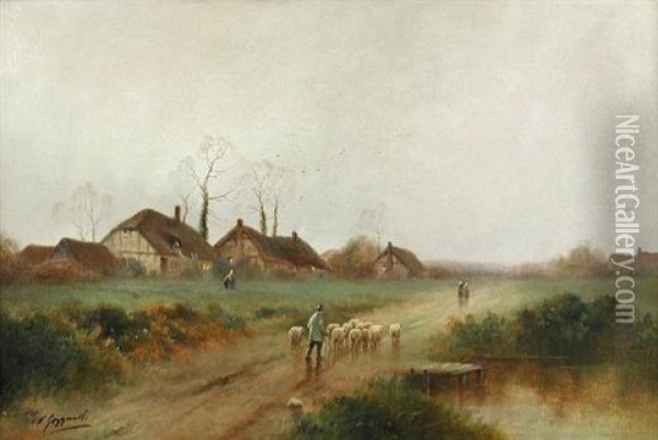 A Shepherd With His Flock On A Country Lane (+ Misty Evening With Villagers Conversing By A Pond; Pair) Oil Painting - James Walter Gozzard