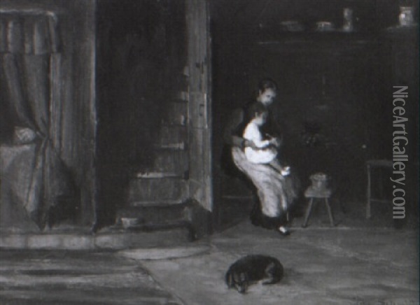 Eine Junge Frau Sitzt Mit Ihrem Kind An Der Offenen Feuerstelle Ihrer Stube Oil Painting - Wilhelm Schmitt