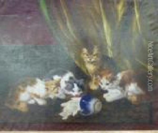 Chatons Buvant Du Lait. Oil Painting - Alphonse de Neuville