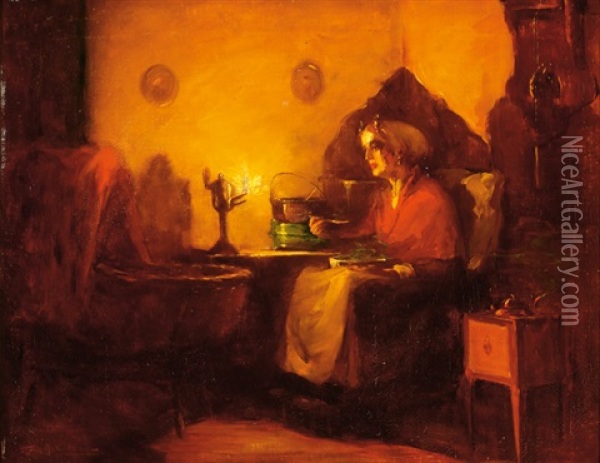 Interior With Woman In Regional Dress Oil Painting - Max Alandt