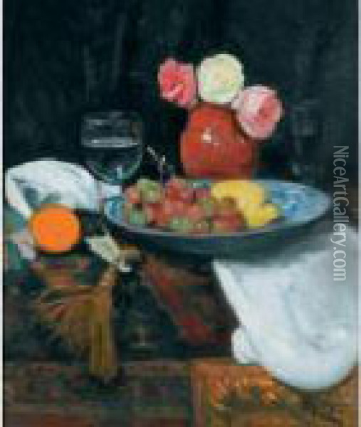 Still Life With Roses Fruit And Wine Glasses Oil Painting - George Leslie Hunter