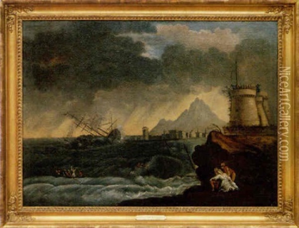 Storm In The Gulf Of Naples Oil Painting - Michele Felice Corne