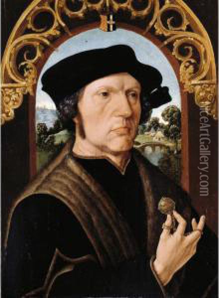 Portrait Of Jan Gerritz. Van 
Egmond Van De Dijenborgh, Bust-length Wearing A Black Fur-trimmed Coat, 
Holding A Pomander, Seen Within An Arched Decorated Embrasure, A 
Landscape Beyond Oil Painting - Jacob Cornelisz. Van Oostsanen