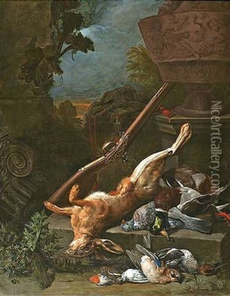 Stilleben Mit Totem Hasen, Ente, Taube, Eichelhaher, Schnepfe, Rotkehlchen Und Anderen Vogeln Oil Painting - Philipp Ferdinand de Hamilton