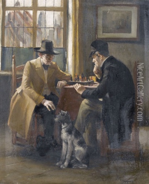 Zwei Herren Beim Schachspiel Oil Painting - Leo Kueppers