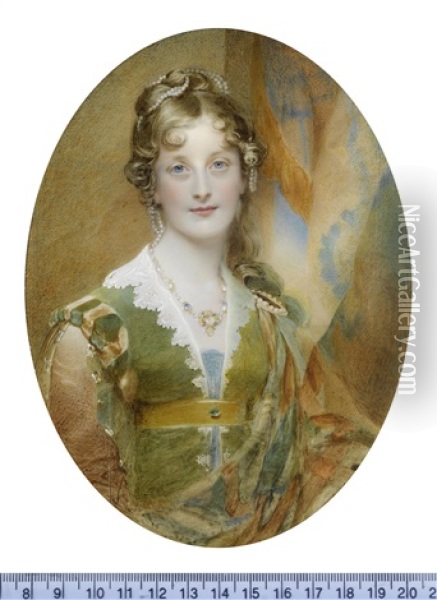 Jane Digby, Lady Ellenborough (1807-1881), Seated Before An Aperture And Hanging Drapery, Wearing India Green Dress With Amber And Green Shoulder Rolls, Her Jewelled Sleeves Slashed To Reveal Amber Oil Painting - Sir William Charles Ross