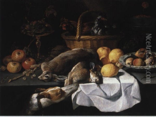 Nature Morte Aux Fruits, Poules Dans Un Panier Et Gibier Oil Painting - Peter van Boeckel
