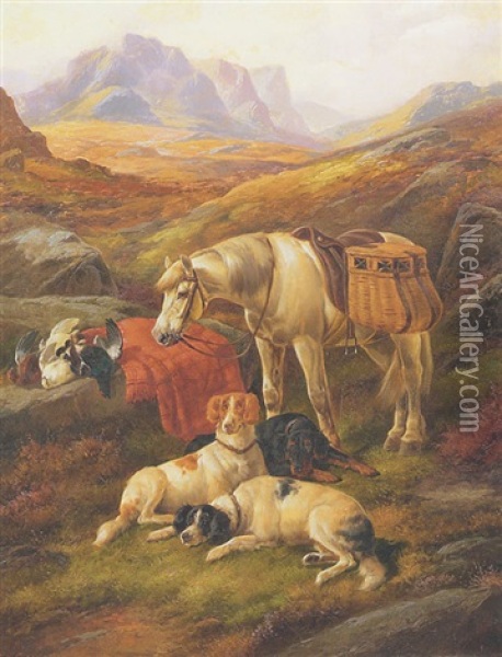 White Pony With Sporting Dogs And Dead Game In A Landscape Oil Painting - John Gifford