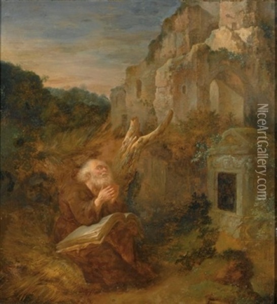 A Hermit Praying In Front Of A Tomb Near A Ruin In A Landscape Oil Painting - Jan Griffier the Younger