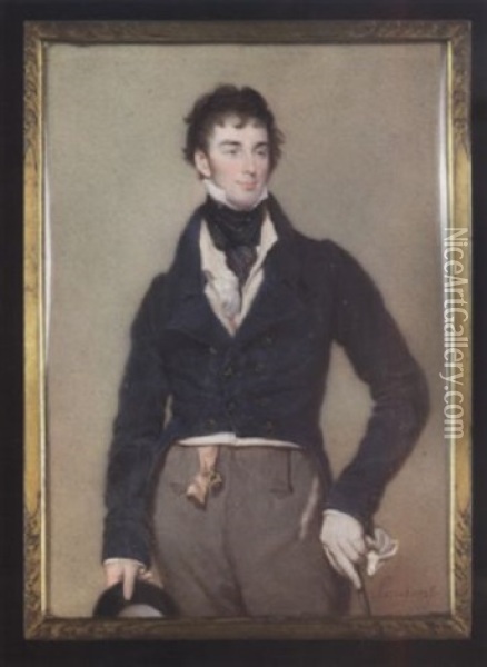 Sir Charles Hugh Lowther Wearing Blue Tailcoat, Cream Waistcoat, Frilled White Chemise, Grey Trousers And Black Cravat Held With Red Jewelled Stickpin, A Gold Seal Hangs From Pink Ribbon At His Waist Oil Painting - Jean Antoine Laurent