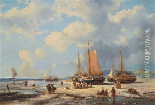 Fishing Boats On The Beach Oil Painting - George Willem Opdenhoff