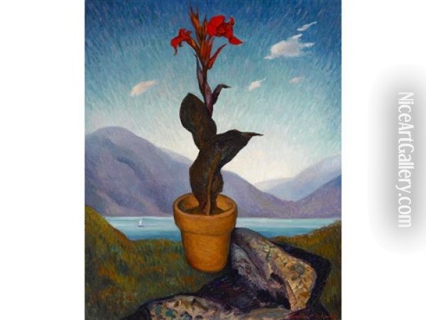 Still Life With A View Of A Lake Beyond Oil Painting - Alexander Warshawsky