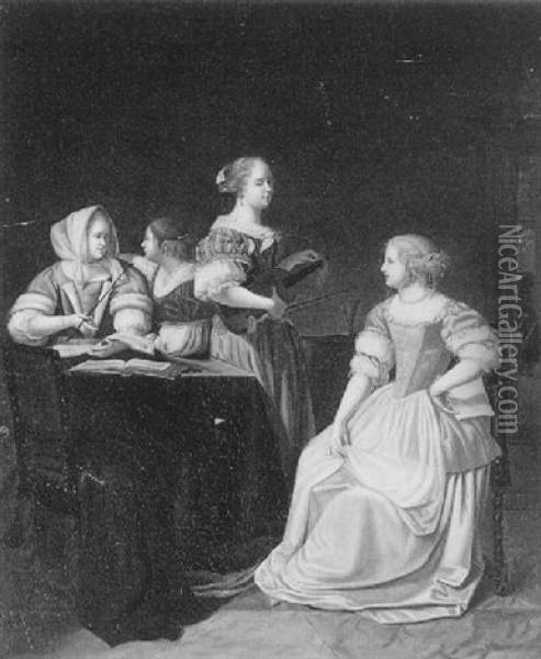 Musizierende Damen In Einem Salon Oil Painting - Caspar Netscher
