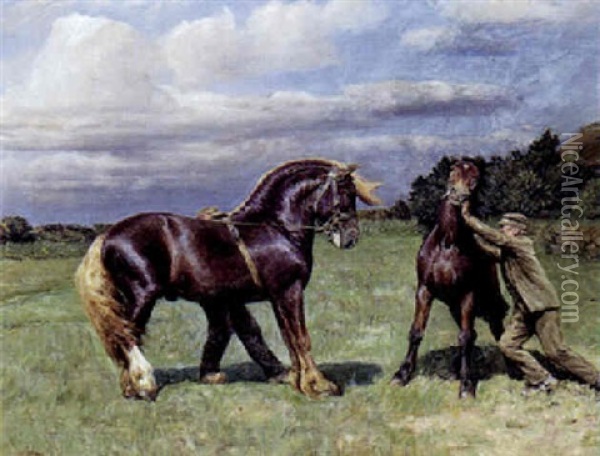 Bonde Med Forarskade Heste Pa Marken Oil Painting - Niels Pedersen Mols