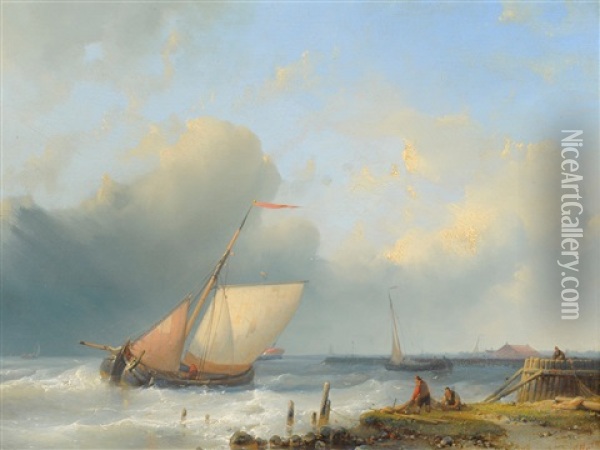 Fishing Boats In A Dutch Estuary With Figures Drying Nets In The Foreground Oil Painting - Abraham Hulk the Elder