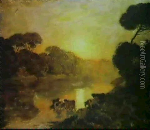 Troupeau A La Riviere, Le Soir Oil Painting - Emile Rene Menard