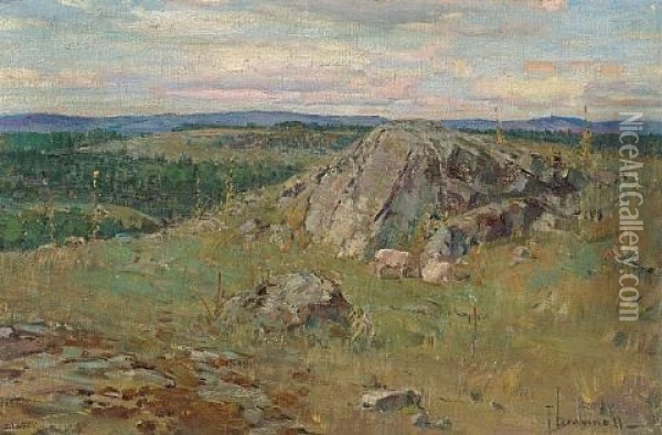 A Pastoral Scene With Sheep Resting By A Rocky Outcropping (+ Another Similar; Pair) Oil Painting - Peleg Franklin Brownell