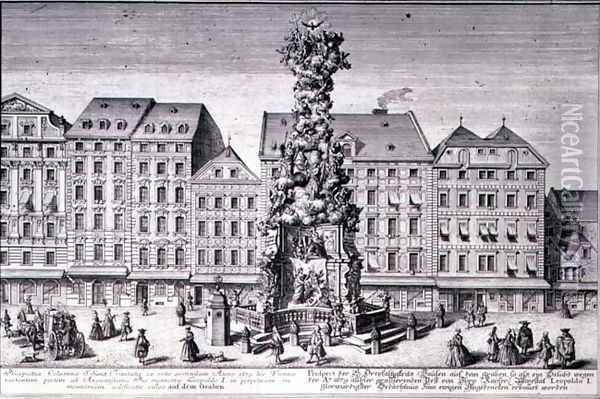 View of the Pestsaule the Plague Column commissioned by Emperor Leopold I to commemorate Viennas deliverance from the plague of 1679 devised by the Jesuits and executed by Matthias Rauchmiller Lodovico Burnacini and Johann Bernhard Fisher von Erlach Oil Painting - Salomon Kleiner