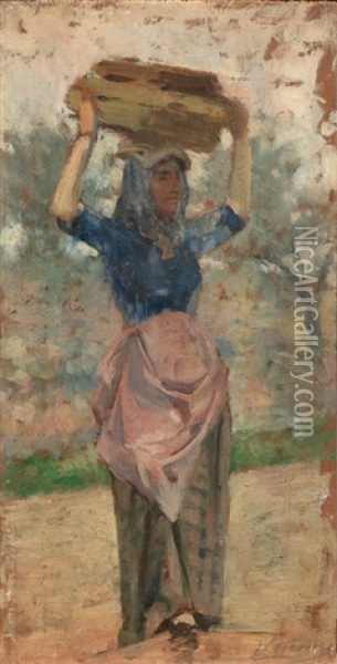 Contadina Oil Painting - Eugenio Cecconi