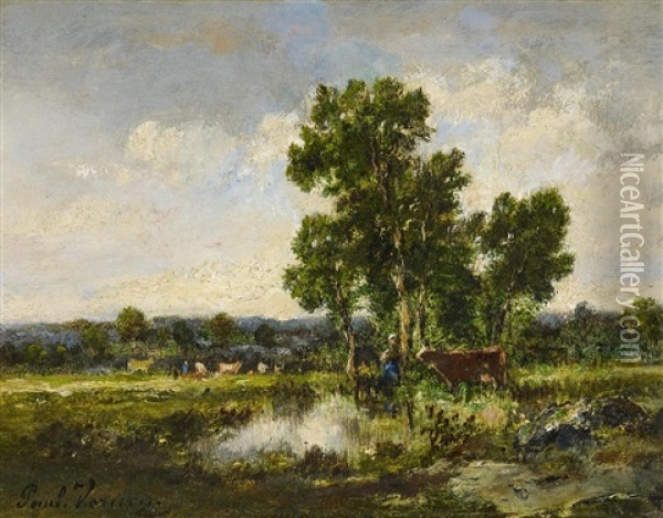 Vieh An Der Flusstranke Oil Painting - Paul Vernon