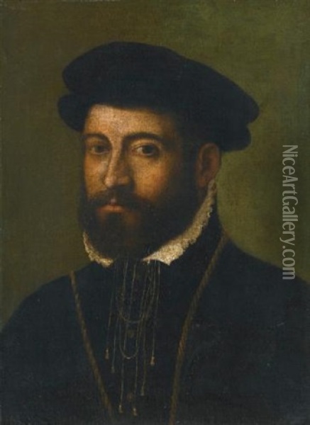 Portrait Of A Bearded Man, Bust Length, Wearing A Black Hat Oil Painting - Nicolo dell' Abbate