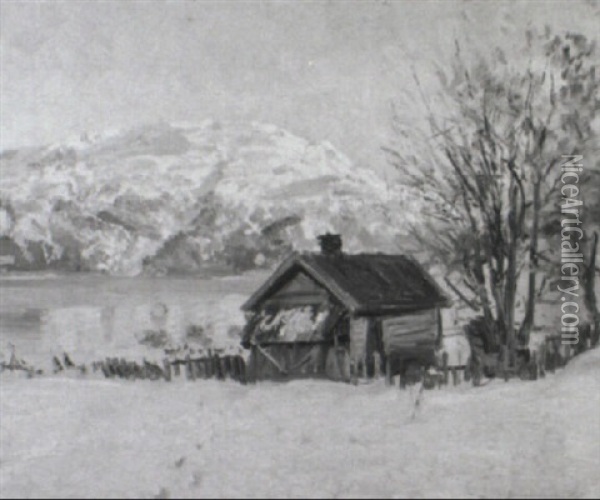 Cabin In The Snow Oil Painting - Hans Dahl