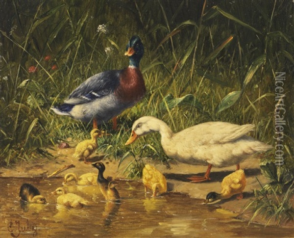 Enten Mit Jungen Am Wasser Oil Painting - Carl Jutz the Elder