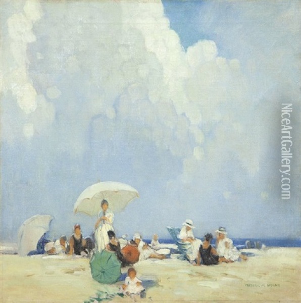 Atmospheric Beach Scene With Women And Children Oil Painting - Franz Arthur Bischoff