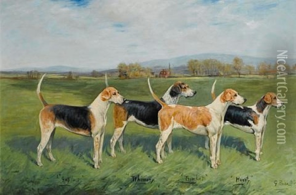 Prize Fox Hounds In A Landscape (pair) Oil Painting - George Paice