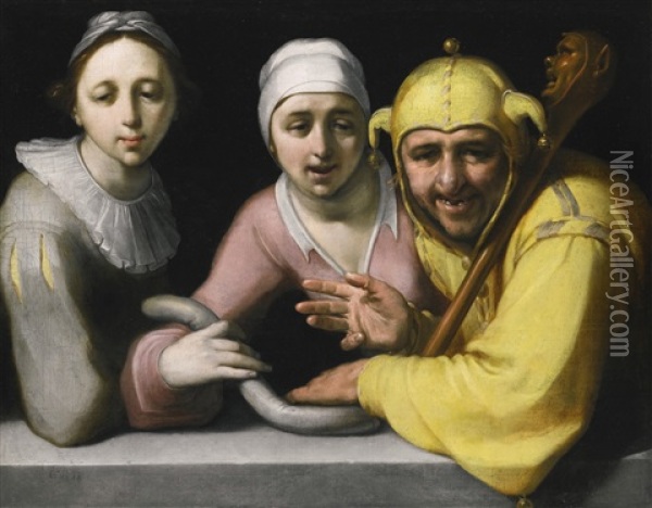 A Fool With Two Women Oil Painting - Cornelis Cornelisz Van Haarlem